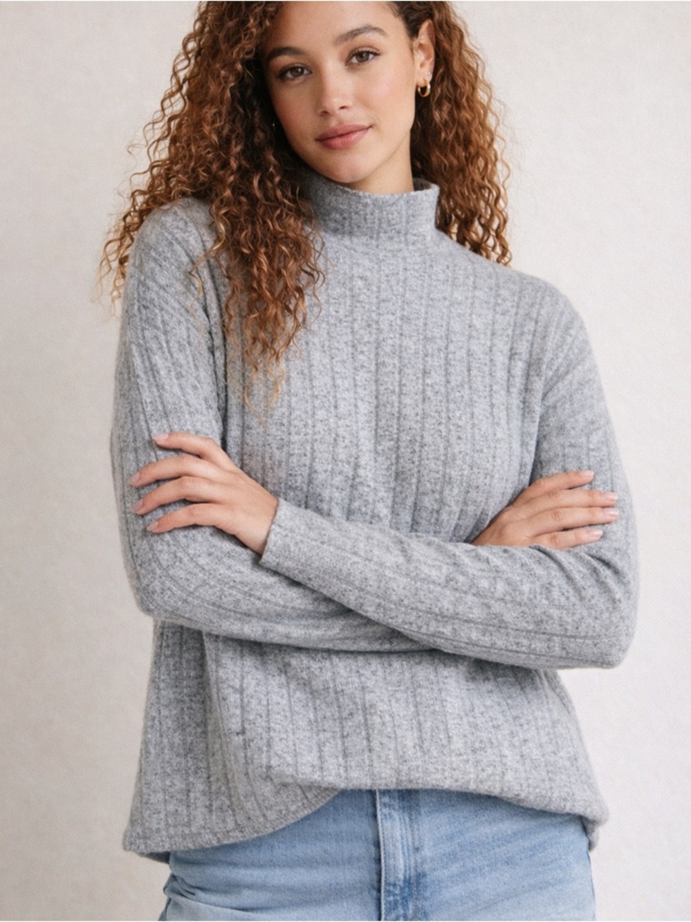 Anthropologie Eri + Ali Oversized Gray Ribbed‎ Mock Neck Sweater XS